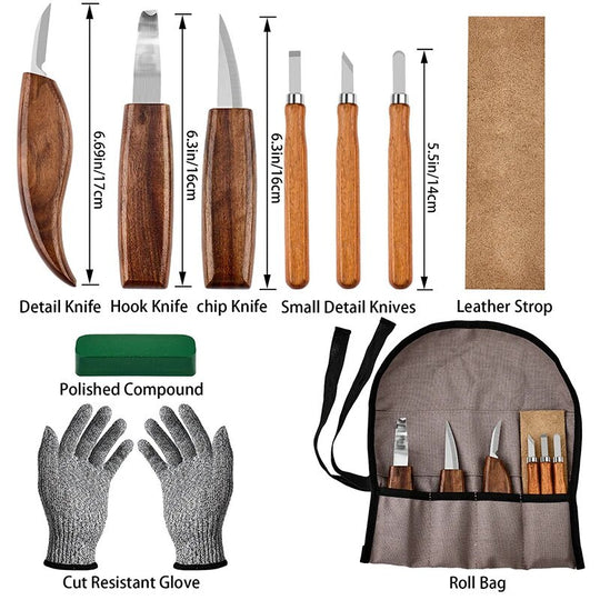 10Pcs Wood Carving Tools Set with Detail Wood Carving Knife Wood Chisel Knife Gloves Carving Knife Sharpener Woodworking Tools Frontier General Hardware