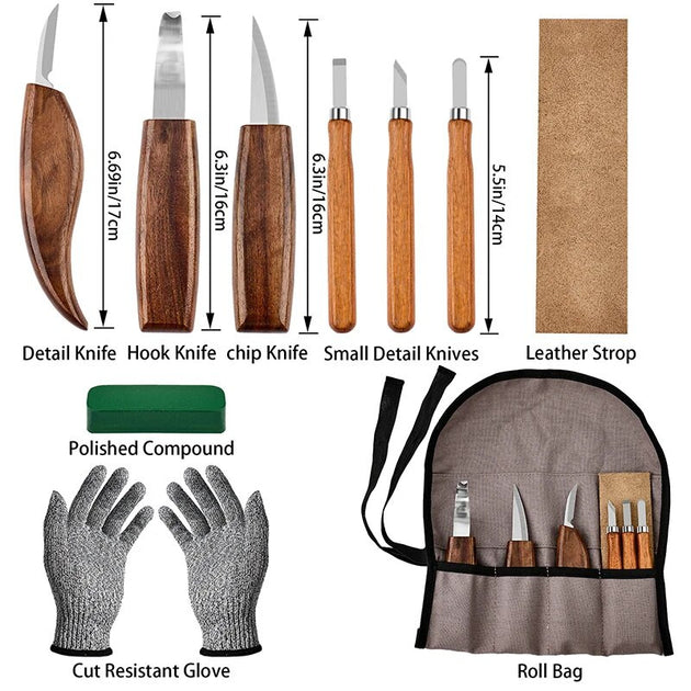 10Pcs Wood Carving Tools Set with Detail Wood Carving Knife Wood Chisel Knife Gloves Carving Knife Sharpener Woodworking Tools Frontier General Hardware