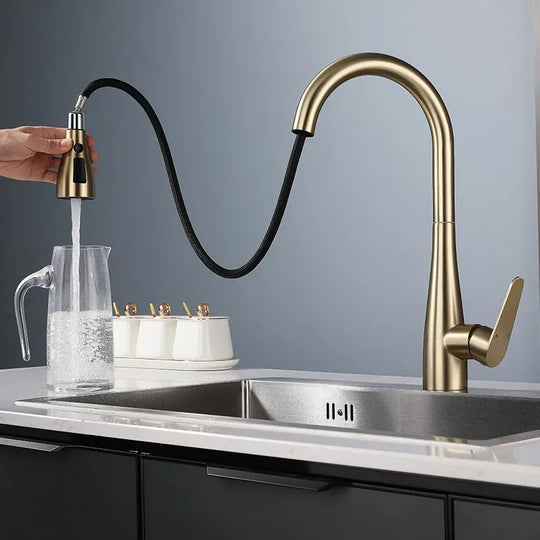 Brushed Gold Pull Out Kitchen Faucet SUS304 Stainless Steel Sink Faucet 360 Degree Rotation Mixer Tap Frontier General Hardware