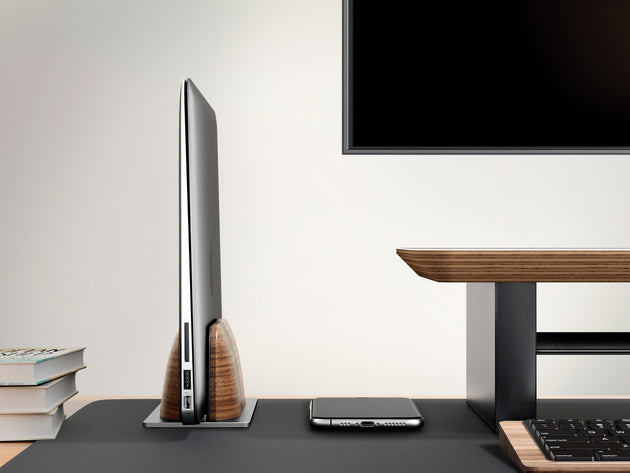 HPERGO Adjustable Vertical Desktop Stand For Tablet And Laptop Walnut Finish Convenient Storage Rack Frontier General Hardware