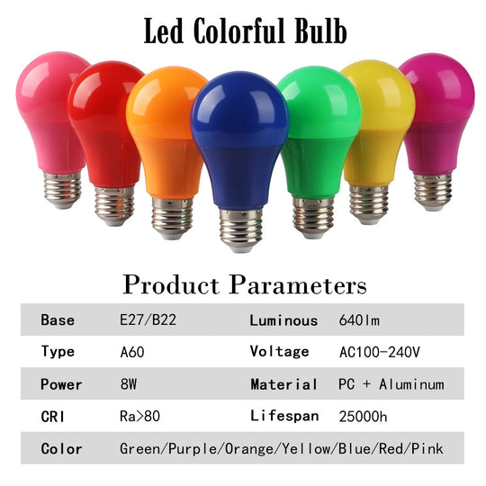 1-20 Pack LED Bulb Colorful Light E27 B22 8W AC100-240V Seven Colors Red Blue Festival Celebration KTV Showcase Lights Frontier General Hardware