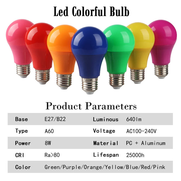1-20 Pack LED Bulb Colorful Light E27 B22 8W AC100-240V Seven Colors Red Blue Festival Celebration KTV Showcase Lights Frontier General Hardware