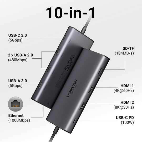 UGREEN Dual HDMI USB-C HUB 8K 4K HDMI Adapter 10 in 1 Splitter with RJ45 USB3.0 PD 100W Dock for MacBook Pro Air Laptop USB HUB Frontier General Hardware