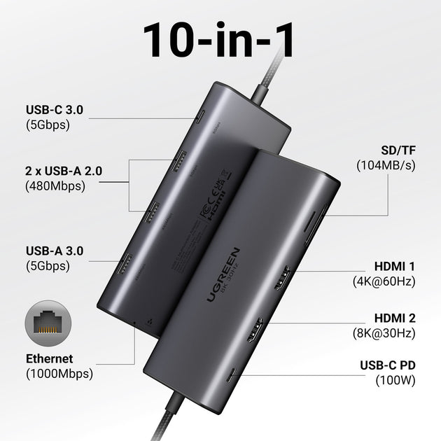 UGREEN Dual HDMI USB-C HUB 8K 4K HDMI Adapter 10 in 1 Splitter with RJ45 USB3.0 PD 100W Dock for MacBook Pro Air Laptop USB HUB Frontier General Hardware