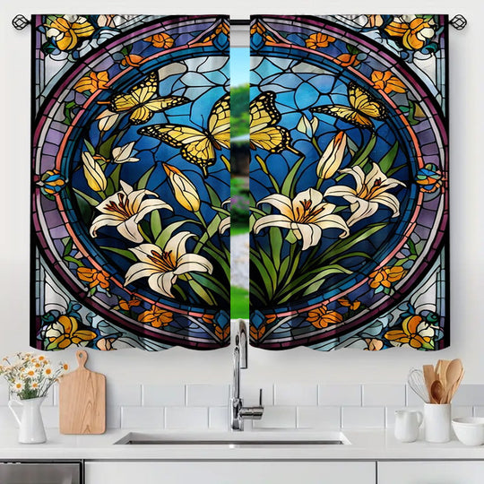 Stained Glass Window Curtains Butterfly Lily Design Blackout Panels For Living Room Or Bedroom Privacy Set Frontier General Hardware