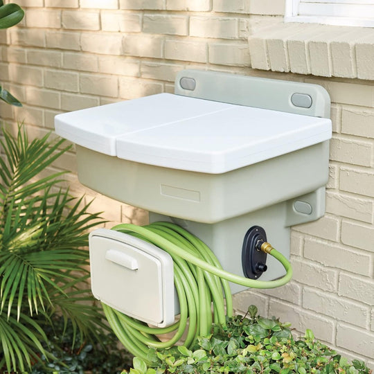 New upgrade White,Outdoor Wall Mounted Outdoor Garden Sink w/Hose Holder - No Plumbing Required Mountable Outdoor Faucet Frontier General Hardware