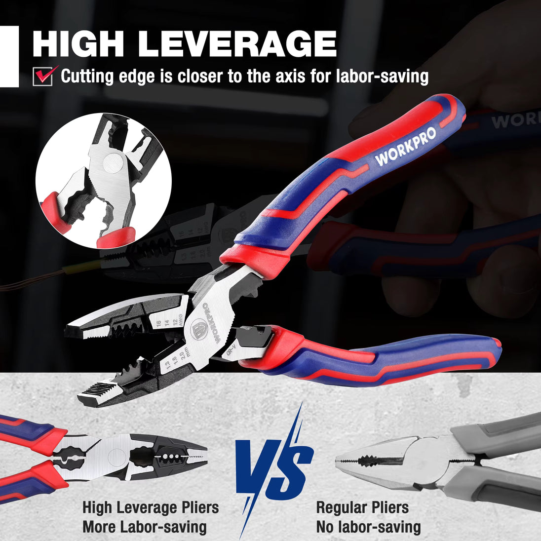 WORKPRO 8-in Linesman Pliers with Wire Cutter and Sripper CRV Heavy Duty Multil Hand Tool Comfort Grip Handles