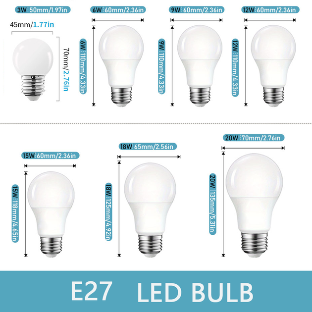 6 Pack E27 LED Bulbs 3W 6W 9W 12W 15W 18W 20W AC 220V Tri Color 3000K 4000K 6000K Indoor Lighting Frontier General Hardware