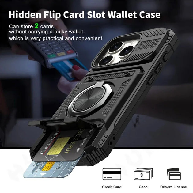 Military Grade Wallet Case For iPhone 11 13 14 15 16 Pro Max With Rotating Ring Kickstand And Heavy Duty Drop Protection Frontier General Hardware