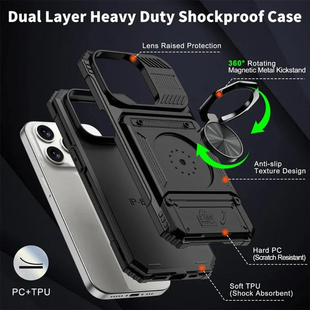 Military Grade Wallet Case For iPhone 11 13 14 15 16 Pro Max With Rotating Ring Kickstand And Heavy Duty Drop Protection Frontier General Hardware