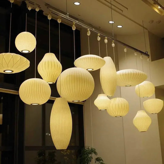 Nordic Minimalist Silk Led Pendant Light E27 Wabi Sabi Lustre Chandelier Hang Lamp Fixtures White Frontier General Hardware