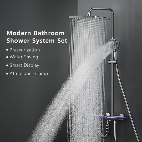 Modern Wall Mounted Bathroom Faucet Set With LED Display Rain Shower System And Bathtub Mixer Hot And Cold Gray Full Set Frontier General Hardware