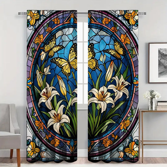 Stained Glass Window Curtains Butterfly Lily Design Blackout Panels For Living Room Or Bedroom Privacy Set Frontier General Hardware