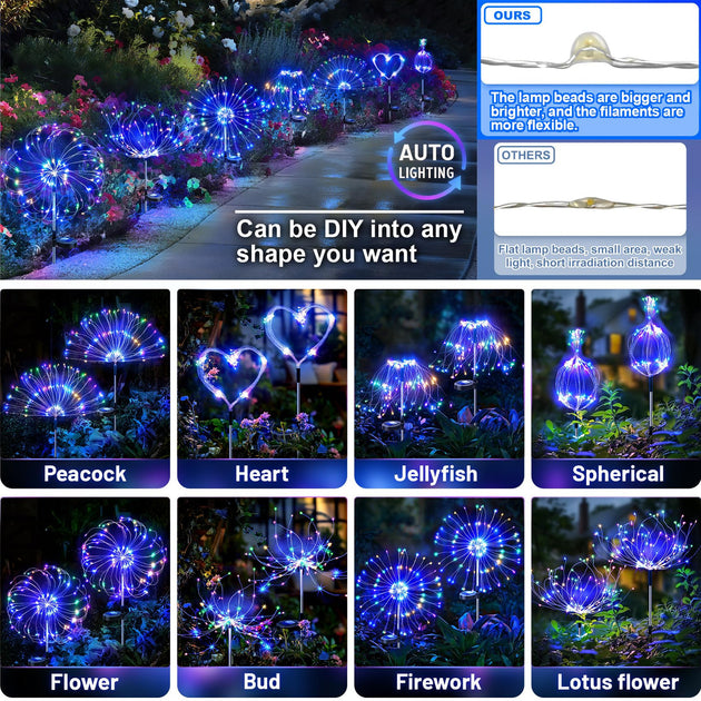 Outdoor Decorative 200LED Solar Fireworks Light Multicolor Starburst Lamps with 8 Lighting Modes,Waterproof for Garden Yard Path Frontier General Hardware