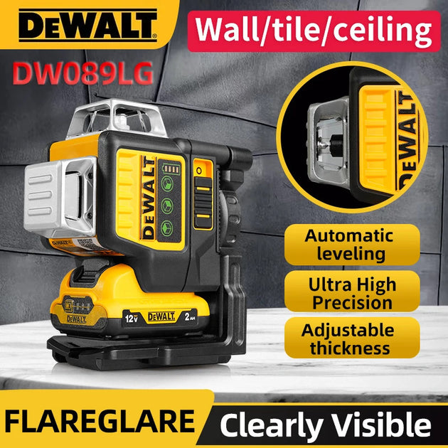Dewalt DW089LG 3 Sides 360 Degree Vertical Lines Laser Level Horizontal Green Light Outdoor 12V Lithium Battery Frontier General Hardware