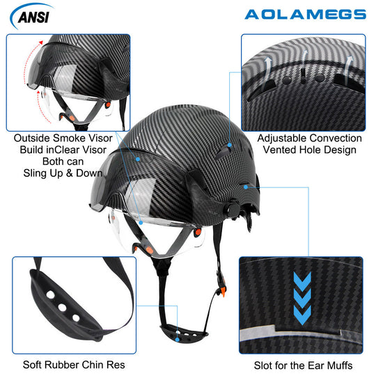 Carbon Fiber Pattern Safety Helmet With Double Visor Goggles For Engineer Hard Hat CE ANSI ABS Work Cap Rescue Frontier General Hardware