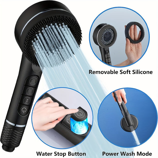 4 Modes Self-cleaning Shower Head with Silicone Brush One-Key Stop Water Massage High Pressure ABS Showerhead with Filter Frontier General Hardware