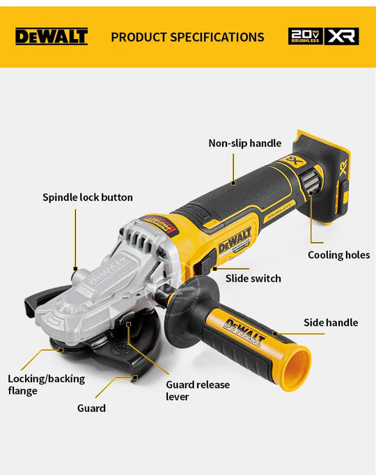 Dewalt 18V XR Brushless 125mm Angle Grinder DCG405FN Cordless Power Tool With Electronic Brake And Kickback Reduction Frontier General Hardware