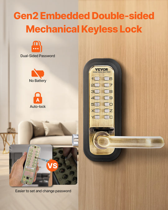 SucceBuy Mechanical Keyless Entry Door Lock 14 Key Mechanical Door Lock, Mechanical Keypad Door Lock Handle Double-Sided Lock Frontier General Hardware