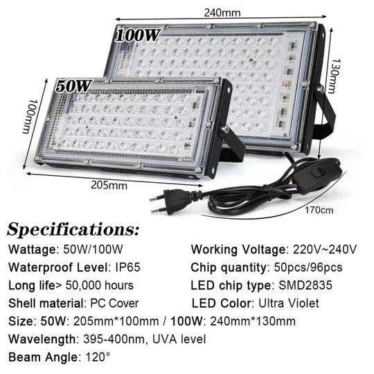 Led Ultraviolet Floodlight 50W 100W 395nm Blacklight Stage Light Germicidal Waterproof 220V Curing Lamp Frontier General Hardware