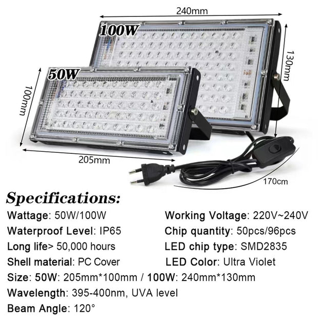 Led Ultraviolet Floodlight 50W 100W 395nm Blacklight Stage Light Germicidal Waterproof 220V Curing Lamp Frontier General Hardware