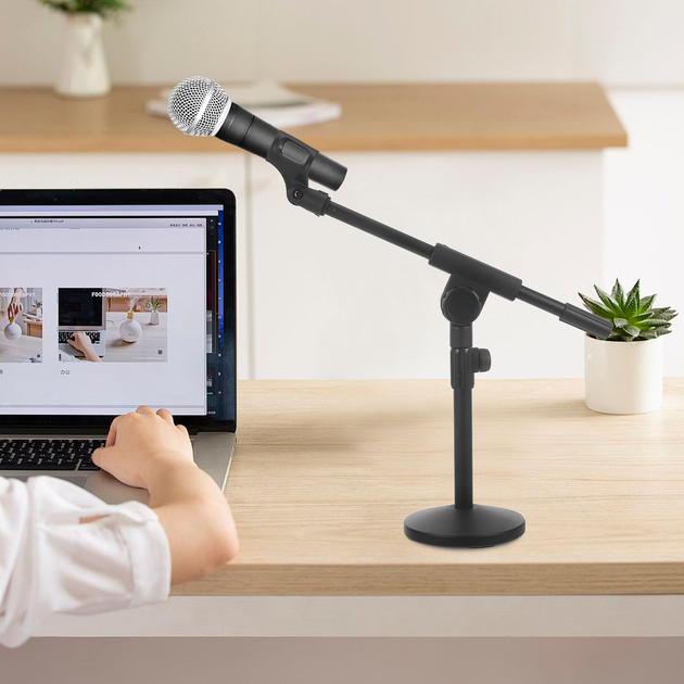 Adjustable Height Microphone Stand With Metal Base And Weighted Stability Sloped Arm Desk Floor Mic Boom Mount Frontier General Hardware