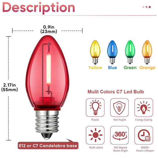 Colorful C7 LED String Light Bulbs 110V 220V E12 Base Shatterproof Plastic RGB For Outdoor Retro Decor Frontier General Hardware