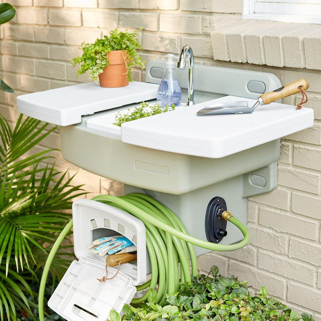 New upgrade White,Outdoor Wall Mounted Outdoor Garden Sink w/Hose Holder - No Plumbing Required Mountable Outdoor Faucet Frontier General Hardware
