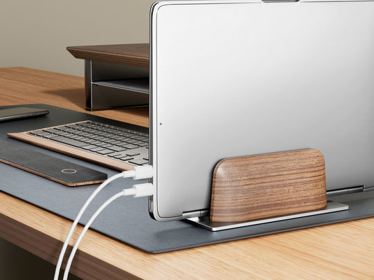 HPERGO Adjustable Vertical Desktop Stand For Tablet And Laptop Walnut Finish Convenient Storage Rack Frontier General Hardware