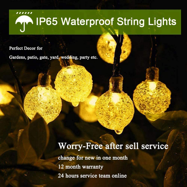 LED Solar String Lights Outdoor 60 Leds Waterproof Crystal Globe Lights with 8 Modes Garden Light for Patio Party Tree Decor Frontier General Hardware