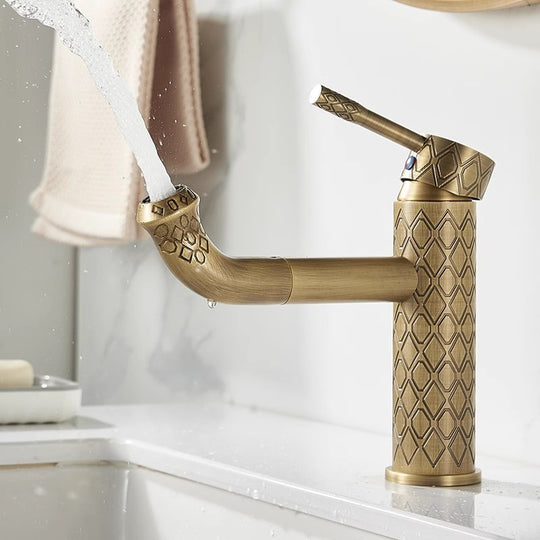 Antique Carved Brass Bathroom Faucet Deck Mounted Lavatory Basin Mixer Hot And Cold Water Tap Frontier General Hardware