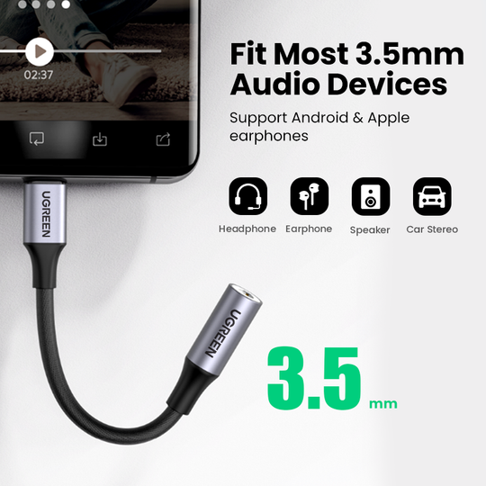 UGREEN Type C to 3.5mm Earphone USB C Cable USB C to 3.5 Headphone Adapter DAC Audio Cable For Xiaomi Mi10 HUAWEI P30 Oneplus 9 Frontier General Hardware