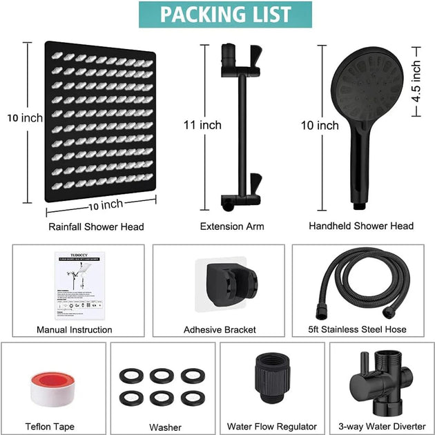 10-Inch High-Pressure Rainfall Shower Head With 11-Inch Adjustable Extension Arm And 5-Setting Handheld Shower Frontier General Hardware