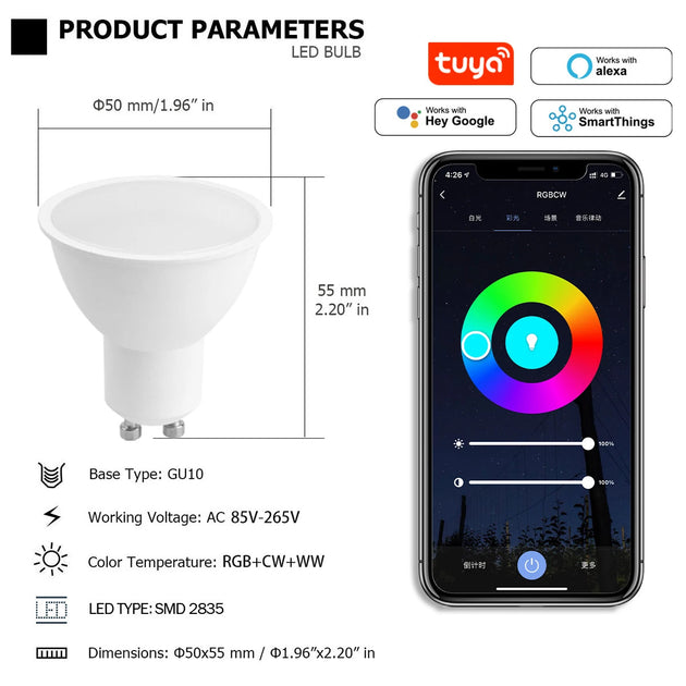 Tuya GU10 LED RGB Smart Light Bulb Dimmable 6W WiFi Bluetooth AC 85-265V Work With Alexa Google Home Frontier General Hardware