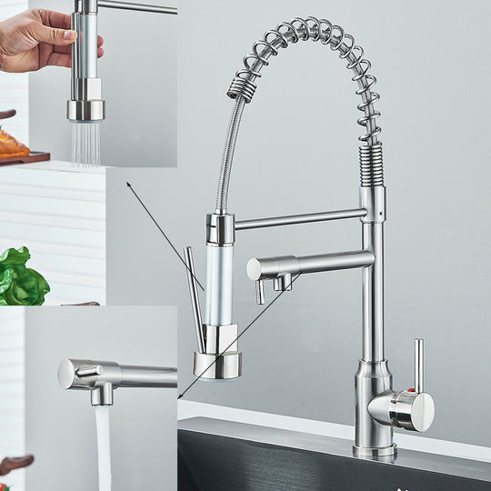 Brushed Nickel Brass Kitchen Sink Faucets Dual Outlet Water Cold And Hot Deck Mounted Spring Mixer Faucets Frontier General Hardware