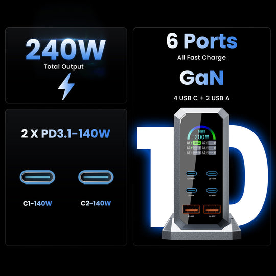 240W Digital GaN Charger PD3.1 140W USB Type C 6 Ports Desktop Fast Charging Station for IPhone Samsung Xiaomi MacBook Laptops Frontier General Hardware