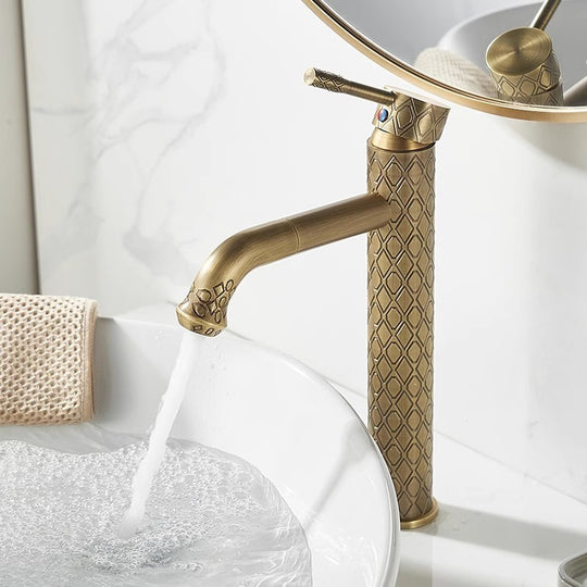 Antique Carved Brass Bathroom Faucet Deck Mounted Lavatory Basin Mixer Hot And Cold Water Tap Frontier General Hardware