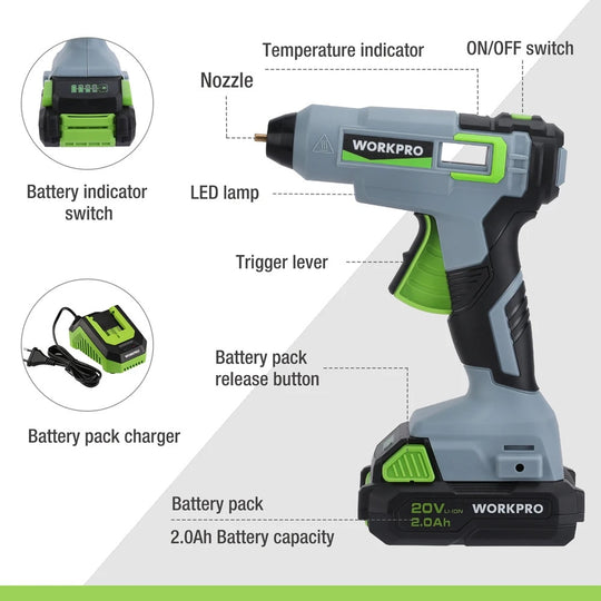 WORKPRO 20V Cordless Hot Glue Gun tool with 12/ 20pcs 11mm Glue Sticks Home DIY Electric Heat Repair Tool Replaceable Battery Frontier General Hardware