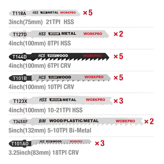WORKPRO 25Pc T Shank Jigsaw Blades Set For Wood Plastic Metal Cutting HCS HSS BIM Materials Assorted Blades Frontier General Hardware