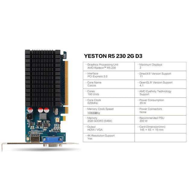 Yeston Radeon R5 230 GPU 2GB GDDR3 64 bit Gaming Desktop computer PC Video Graphics Cards support VGA/HDMI PCI E X16 2.0|Graphics Cards - Frontier General Hardware