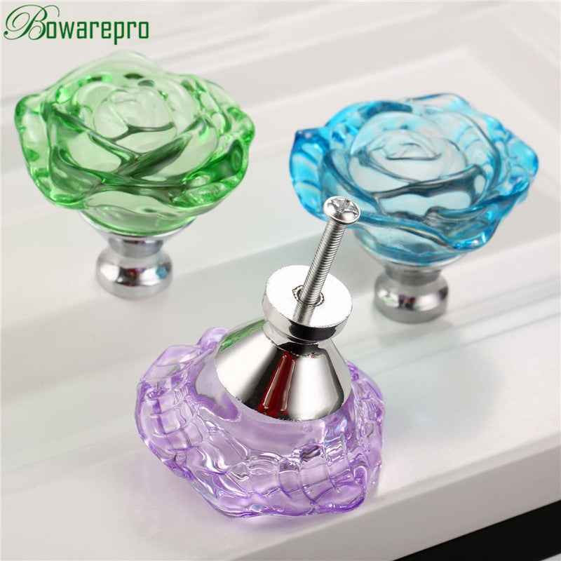 bowarepro 50MM Crystal Rose Glass Handle Cabinet Knob Drawer Pull Handle Kitchen Door Wardrobe Hardware Furniture Knobs Handles|Cabinet Pulls