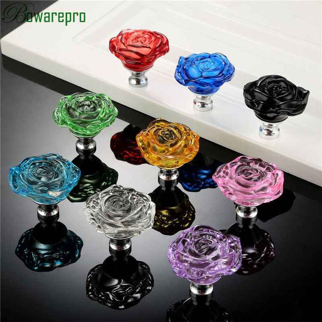 bowarepro 50MM Crystal Rose Glass Handle Cabinet Knob Drawer Pull Handle Kitchen Door Wardrobe Hardware Furniture Knobs Handles|Cabinet Pulls