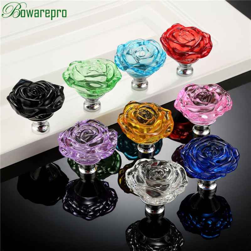 bowarepro 50MM Crystal Rose Glass Handle Cabinet Knob Drawer Pull Handle Kitchen Door Wardrobe Hardware Furniture Knobs Handles|Cabinet Pulls