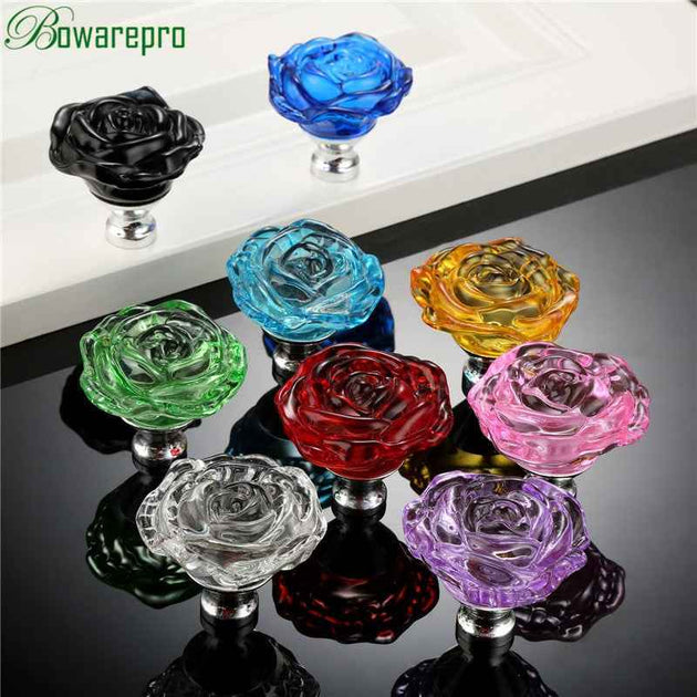 bowarepro 50MM Crystal Rose Glass Handle Cabinet Knob Drawer Pull Handle Kitchen Door Wardrobe Hardware Furniture Knobs Handles|Cabinet Pulls